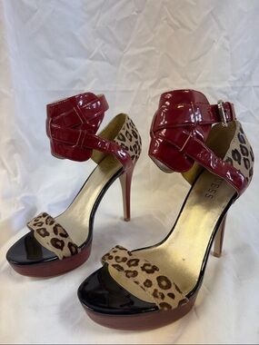 Guess Red Patent & Leopard Accent Stiletto Sandals